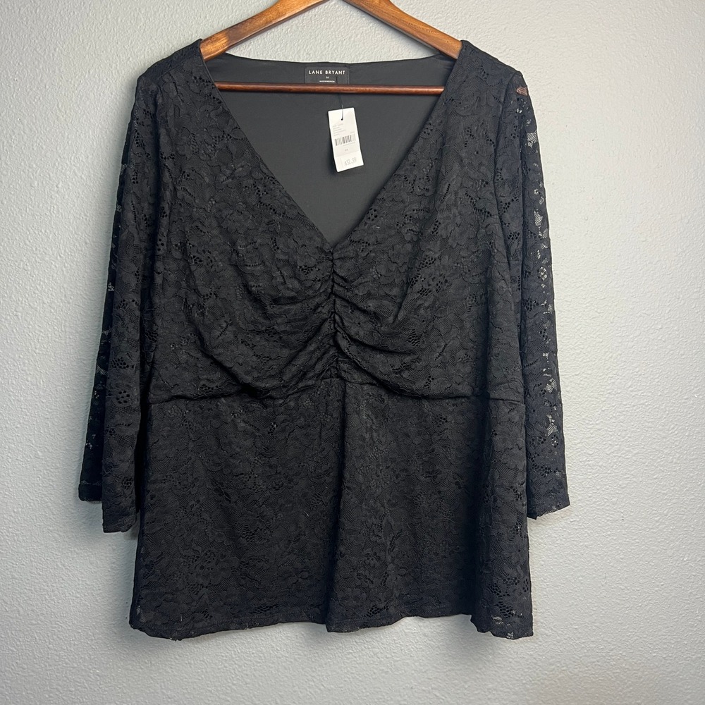 Lane Bryant Babydoll Black Lace Blouse Plus Size 16 V-Neck 3/4‎ Sleeve Elegant